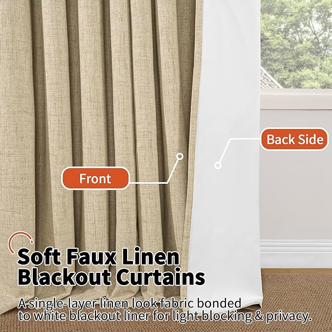 Lajode Faux 100% Blackout Curtains for Bedroom 63 Inch Length 2 Panels, Thermal Insulated Total Light Blocking Noise Reducing Linen Window Curtains for Nursery, Bronze Grommet, Each 52" Wide, Burlap