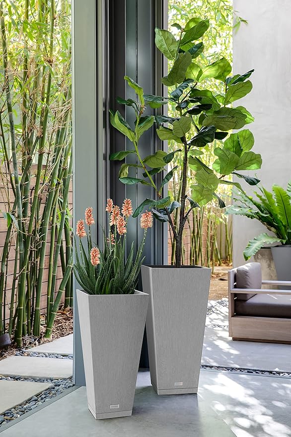 Veradek V-Resin Indoor/Outdoor Taper Planter (Gray, 30 inch - 2 Pack with 2 Saucer Trays)