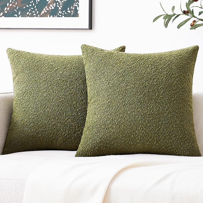 Mixhug Decorative Boucle Throw Pillow Covers, Olive Green, 20 x 20 Inches, Pack of 2 - Textured Boho Pillow Covers for Couch and Bed