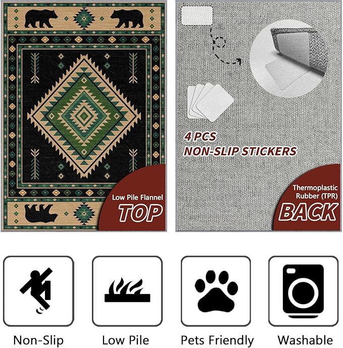 Southwestern Rug 8x10 - Native American Bear Cabin Area Rugs for Living Room Bedroom, Rustic Western Machine Washable | Non-Slip | Soft Large Carpets, Aztec Home Decor (Green Tan Black)