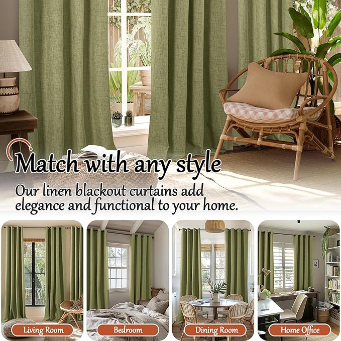 Lajode Olive Green 100% Linen Blackout Curtains for Living Room 63 Inch Long 2 Panels, Thermal Insulated Noise Reducing Window Total Black Out Curtains for Bedroom, Each 52x63 Inch 2 Panels