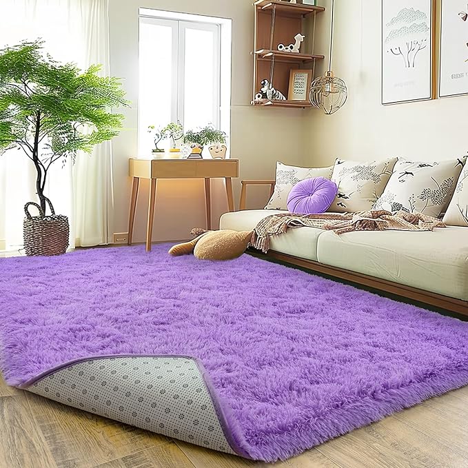 Ultra Fluffy Area Rugs for Living Room Bedroom, 6x9 Fuzzy Large Living Room Rugs, Thick Shag Rug for Dorm, Soft Non Slip Kids Girls Boys Rug for Home Decor Aesthetic, Purple