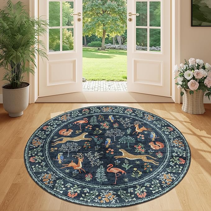 DUKINO 4ft Round Rug, Washable Round Area Rug, Non Slip Indoor Low Pile Animal Design, Soft Small Vintage Circle Carpet for Bedroom, Entryway, Living Room, Dining Room, Navy Blue