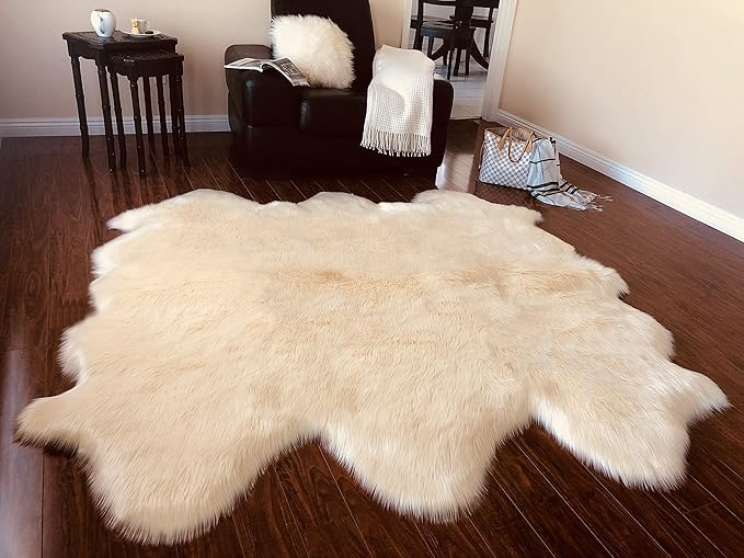 Free Shape Luxury Soft Fluffy Shag Area Rug Sexto 6 Pelts 6'x6',180x180 cm - Vegan Fur Ultra Soft Indoor Carpet Nursery Rugs for Bedroom Home Decor, Cream