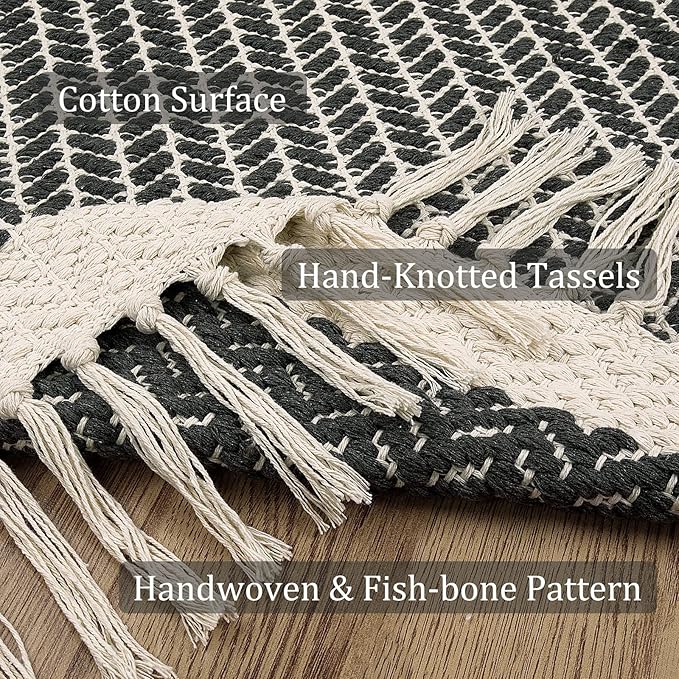 Lahome Boho Kitchen Runner, 2x4.3 Bathroom Runner Rug Lightweight Entryway Rug Woven Cotton Throw Mat with Tassels, Farmhouse Non Shedding Washable Grey Rugs Low Pile for Bedroom Doorway