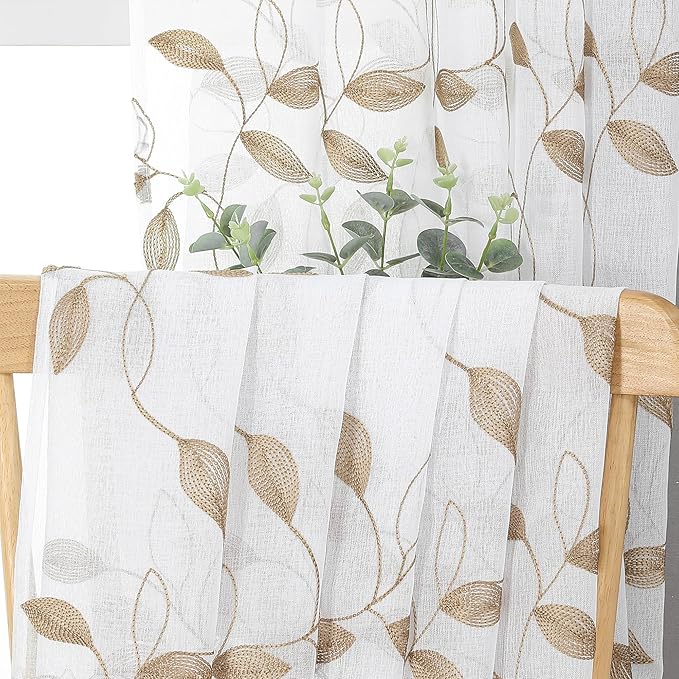 Tollpiz Taupe Leaf Sheer Curtain Leaves Embroidered Bedroom Curtains Rod Pocket Voile Window Treatment for Living Room, 54 x 95 inches Long, Set of 2 Panels
