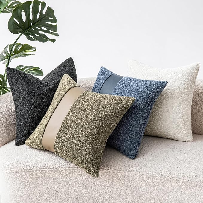 20"x20" Moss Green Boucle Throw Pillow Covers with Faux Leather Accents Set of 2 Fluffy Textured Decorative Pillow Cases for Couch Bed Boho Farmhouse Square Cushion Covers for Nordic Home