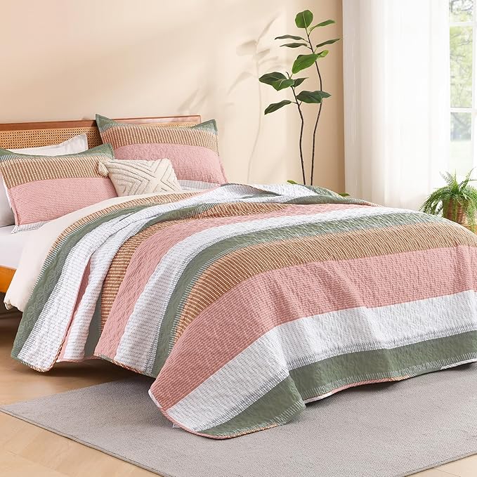 Litanika King Size Quilt Set Pink, Green and White, Orange Stripe Patchwork Summer Bedspread Coverlet 3 Pieces, Soft Lightweight Microfiber Quilt Bedding Set for All Season(1 Quilt, 2 Pillowcases)
