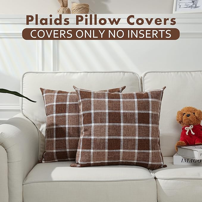 Stellhome Pack of 2 Fall Linen Buffalo Check Decorative Throw Pillow Covers, Autumn Farmhouse Plaid Cushion Covers Rustic Retro Decor for Couch Sofa Living Room, 20x20 Inch, Chocolate