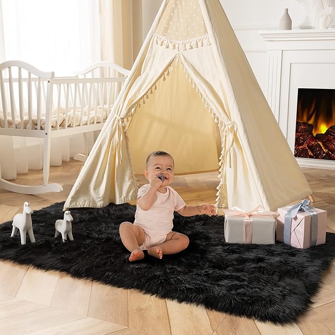 Ashler faux fur rug, Fluffy Shaggy Area Rug Ultra Soft 3 x 5 Feet Rectangle Fur Rug Black Fuzzy Rug Machine Washable Shag Rug, Nursery Decor Throw Rugs for Bedroom, kids room, Living Room