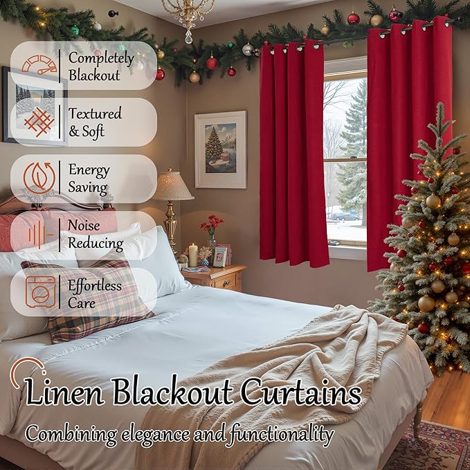 Lajode Short Linen Blackout Curtains for Winter Christmas Decor 45 Inch Long, Red Thermal Insulated Short Total Light Blocking Curtains for Small Window Living Room Bedroom, Each 52x45 Inch 2 Panels