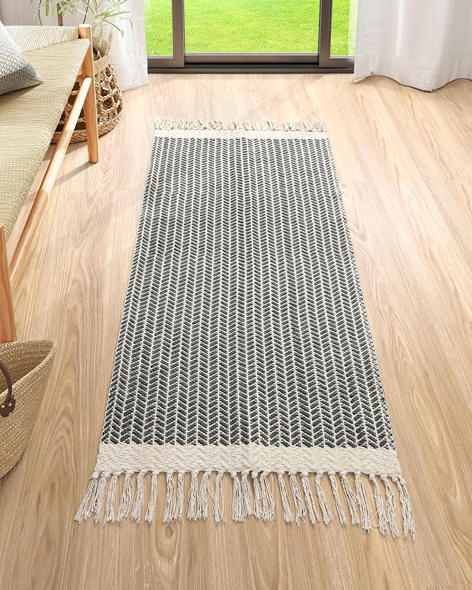 Lahome Boho Kitchen Runner, 2x4.3 Bathroom Runner Rug Lightweight Entryway Rug Woven Cotton Throw Mat with Tassels, Farmhouse Non Shedding Washable Grey Rugs Low Pile for Bedroom Doorway