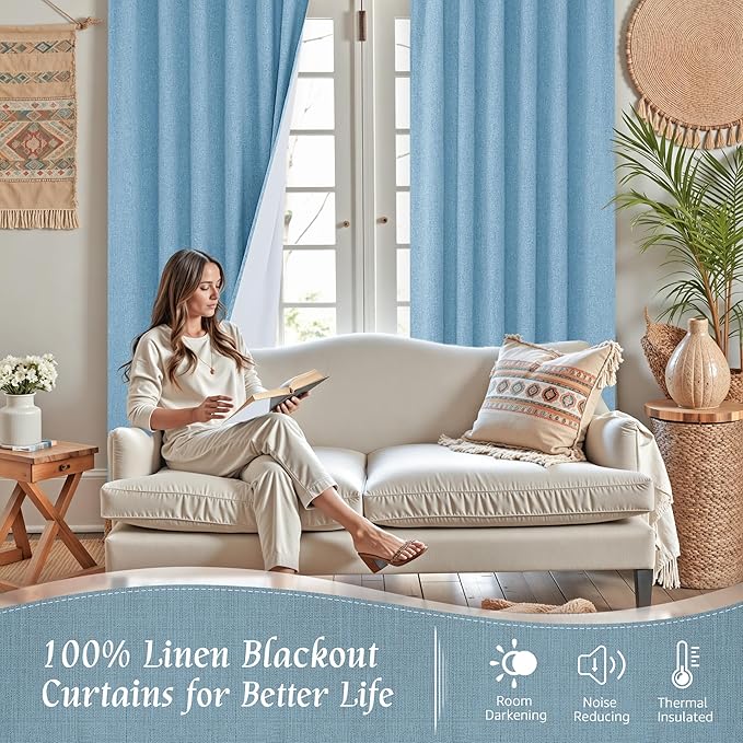 LAMIT Blue 100% Blackout Linen Curtains, 63 Inches Linen Textured Thermal Bedroom Curtains Back Tab and Rod Pocket Neutral Panels with White Liner for Farmhouse, 2 Panels, 38 x 63 Inch
