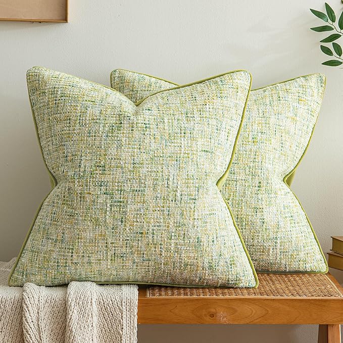 a moment Green Reversible Pillow Covers 2 Pack - Farmhouse Chenille Throw Pillows, Neutral Textured Decorative Throw Pillow Covers with Border for Couch Sofa Bed (20x20 Inch, No Insert)