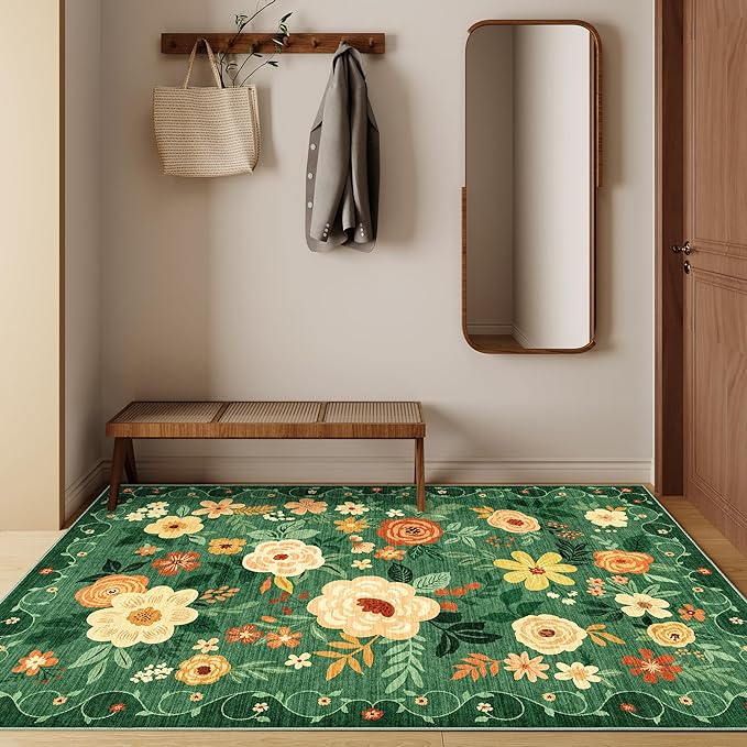 DUKINO 4x6 Area Rug, Lightweight Non Slip Washable Floral Rug, Indoor Low Pile & Non-Shedding Boho Design Rugs for Bedroom, Living Room, Dining Room, Dark Green