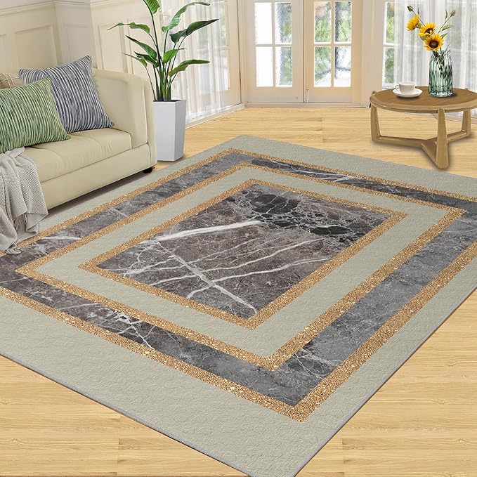 Light Luxury Marble Area Rugs Gilded Stripe Geometry Area Carpet Abstract Marble Texture Rug Stone Crack Carpet for Living Room Study Bedroom 6x9ft