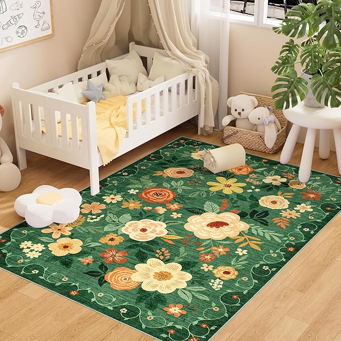 DUKINO 3x5 Area Rug, Floral Rugs for Living Room, Lightweight Non Slip Washable Rug, Indoor Low Pile & Non-Shedding Boho Design Rugs for Bedroom, Living Room, Dining Room, Dark Green