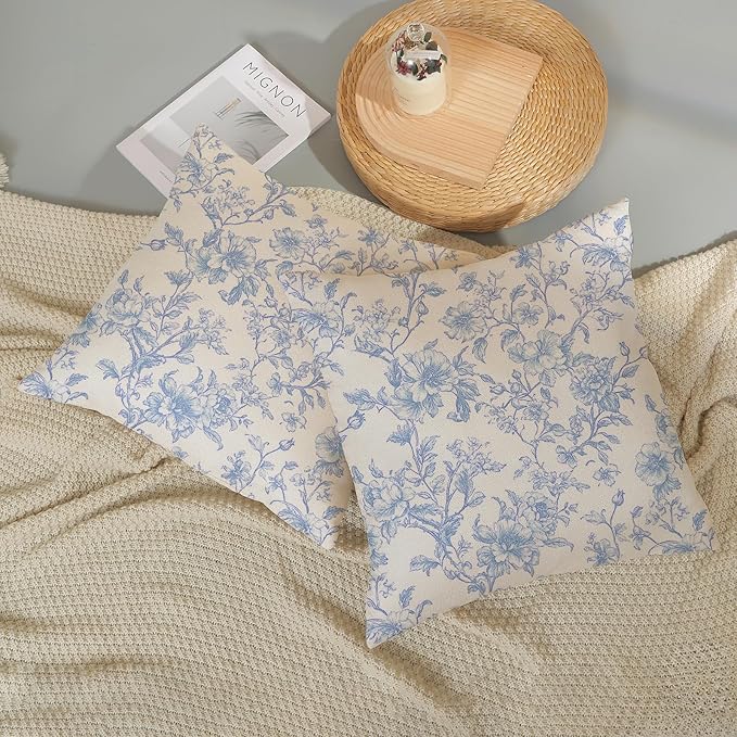 Baby Blue Pillow Covers 18x18 Set of 2 Blue and Cream Floral Chinoiserie Throw Pillows Vintage Rustic Toile Flower Decorative Pillowcase Outdoor Chinoiserie Decor Cushion Case for Couch Sofa