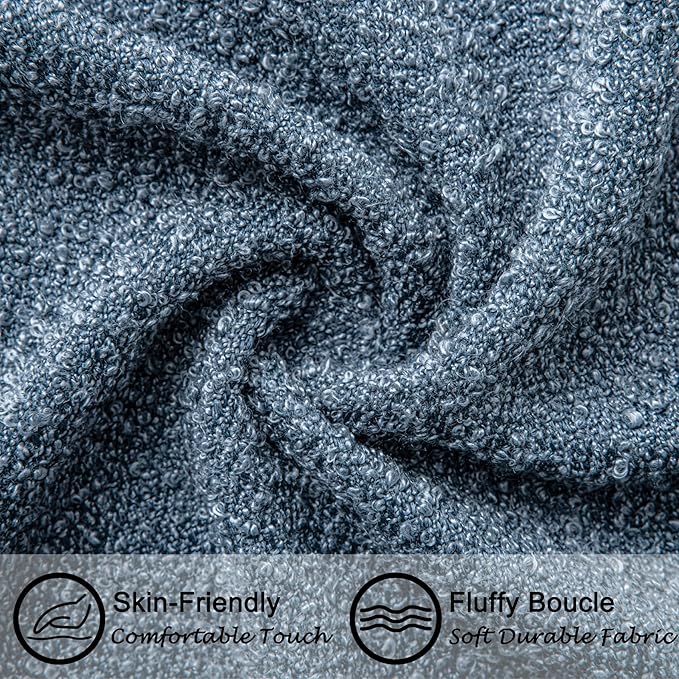 20"x20" Denim Blue Boucle Throw Pillow Covers with Faux Leather Accents Set of 2 Fluffy Textured Decorative Pillow Cases for Couch Bed Boho Farmhouse Square Cushion Covers for Nordic Home
