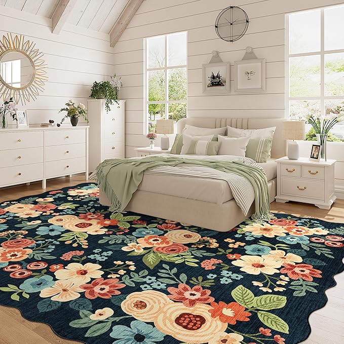 DUKINO 8x10 Area Rug, Floral Washable Rugs for Living Room with Non Slip Backing & Non-Shedding, Lightwight Low Pile Boho Design Large Carpets for Bedroom, Living Room, Dining Room, Navy Blue
