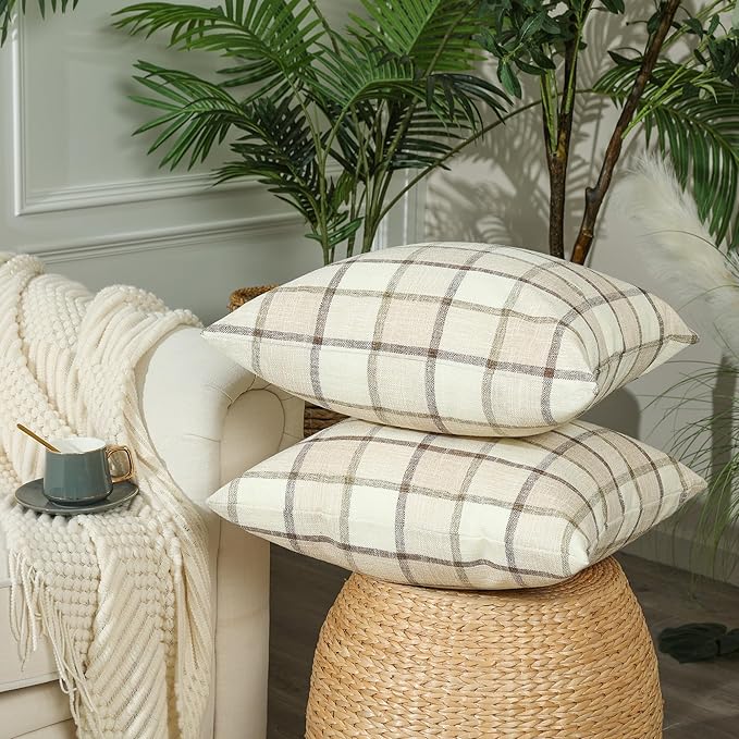Stellhome Pack of 2 Fall Lumbar Linen Buffalo Check Throw Pillow Covers Autumn Farmhouse Plaid Cushion Cover Rustic Retro Decor for Bed Couch Sofa Bench, 12 x 20 Inch, Beige