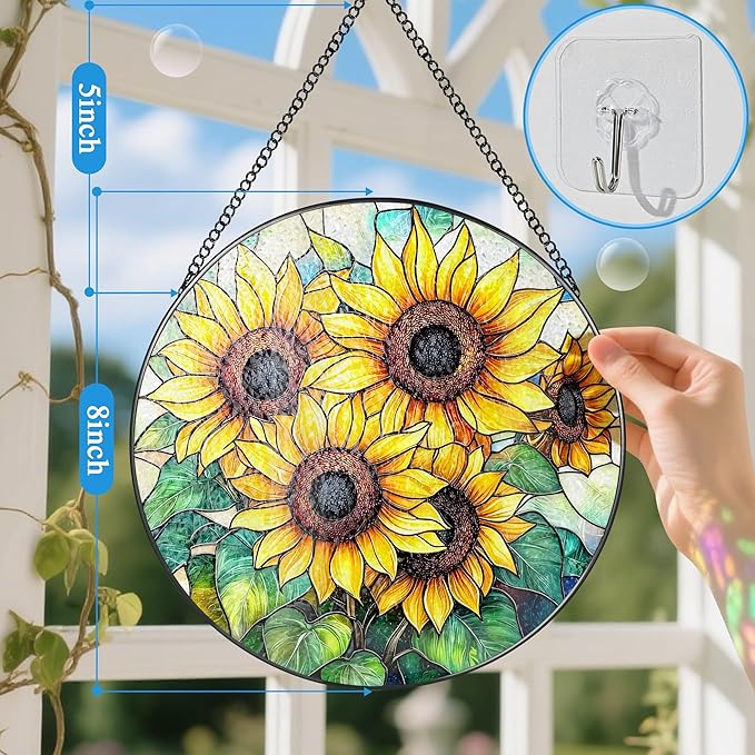 Stained Glass Window Hanging, 8 Inch Sunflower Stained Glass Suncatcher, Suncatchers for Windows Hanging, Home Decor for Window, Teacher Gift, Birthday Gift, Sunflower Gifts for Women, Friend