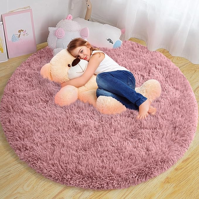 Round Fluffy Rugs 5Ft for Girls Bedroom, Blush Pink Shag Circle Kids Rug Non-Slip for Bedside Dorm Nursery Playroom, Soft Cute Area Rugs for Living Room Decor
