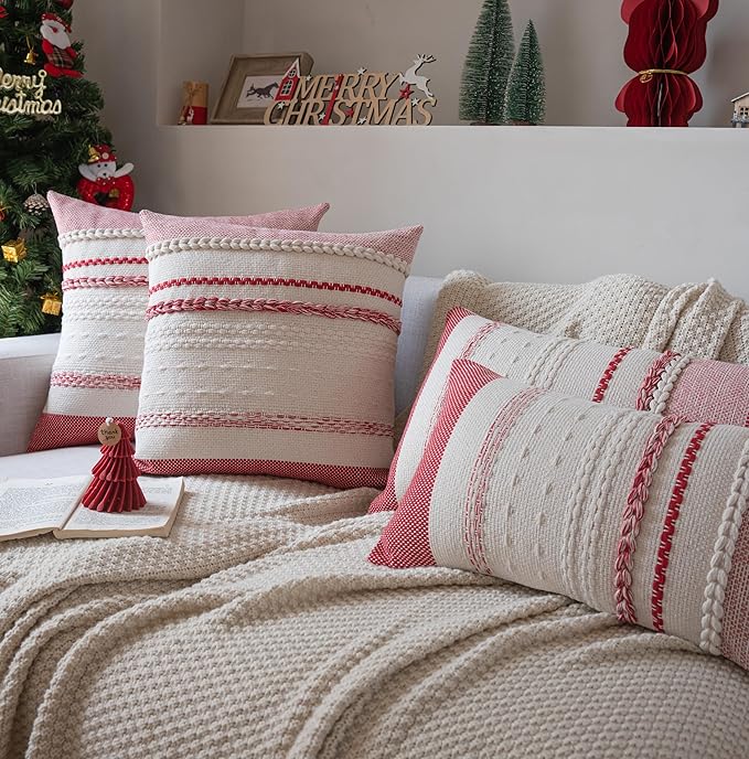 Valentines Lumbar Pillow Covers 14x36 Inch Long, Red Textured Boho Valentines Day Decoration Pillow Cases for Farmhouse Home Decor, Accent Cushion Cover for Sofa, Bed, Living Room, Bedroom, Pack of 1