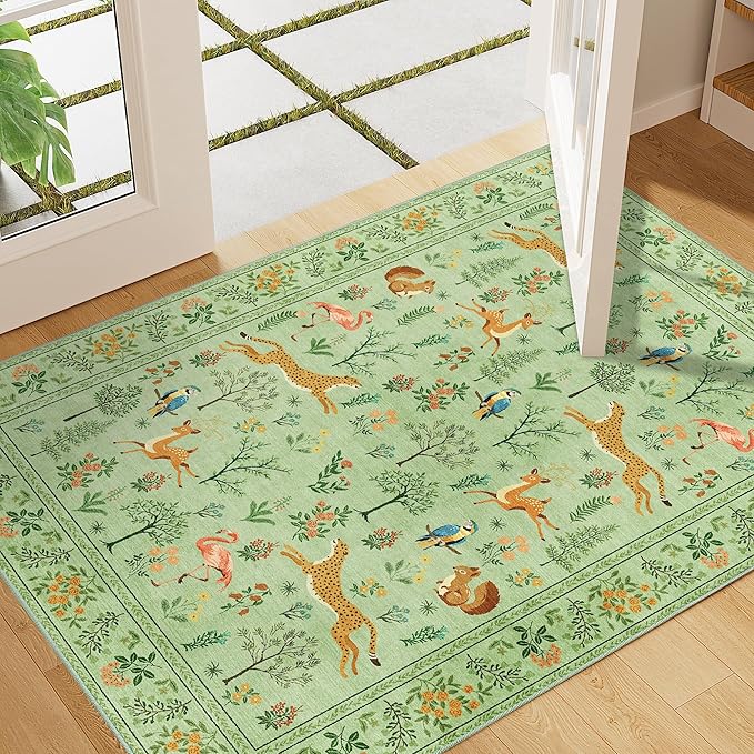 DUKINO 2x3 Rug, Washable Animal Rugs for Entryway, Non Slip Indoor Door Mat, Soft Low Pile Small Area Carpet for Entrance, Bedroom, Kitchen, Laundry, Bathroom, Light Green