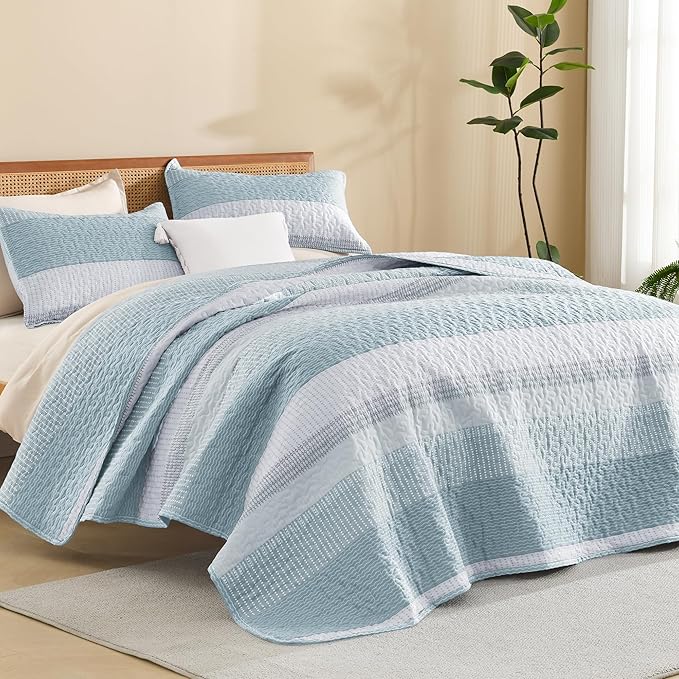Litanika California King Quilt Set Spa Blue - Cal King Oversized Stripe Comforter Bedspreads & Coverlets - Soft Lightweight Quilted Bedding Set for All Season(1 Quilt, 2 Pillowcases)