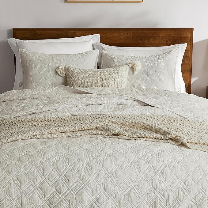 WDCOZY 100% Cotton Oversized King Quilt Set - Beige California Cal King Size Soft Lightweight Modern Bedspread, Farmhouse Country Rustic Coverlet, Textured Like Linen, Shabby Chic Bedding