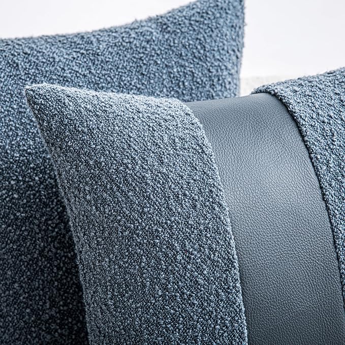 20"x20" Denim Blue Boucle Throw Pillow Covers with Faux Leather Accents Set of 2 Fluffy Textured Decorative Pillow Cases for Couch Bed Boho Farmhouse Square Cushion Covers for Nordic Home