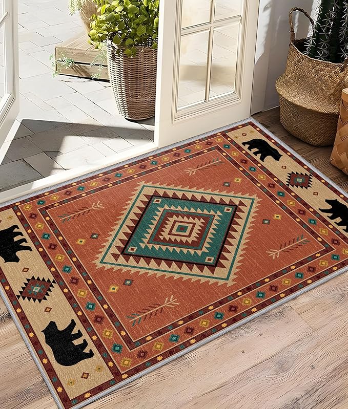Cabin Rug 3x4 - Bear Southwestern Aztec Area Rugs for Bedroom Living Room, Rustic Navajo Machine Washable | Non-Slip | Soft Small Carpets, Native American Room Decor (Orange Tan Black)