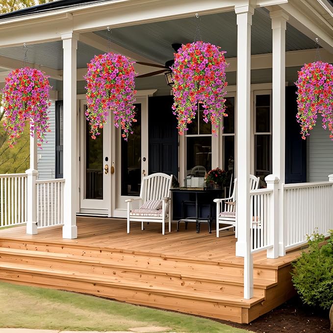 Artificial Hanging Flowers for Outdoors Faux Plants Decoration, 2 Packs Fake Silk Daisy Flower Realistic Outdoor Flowers UV Resistant Porch Patio Window Yard Outside Decor(Red Purple)