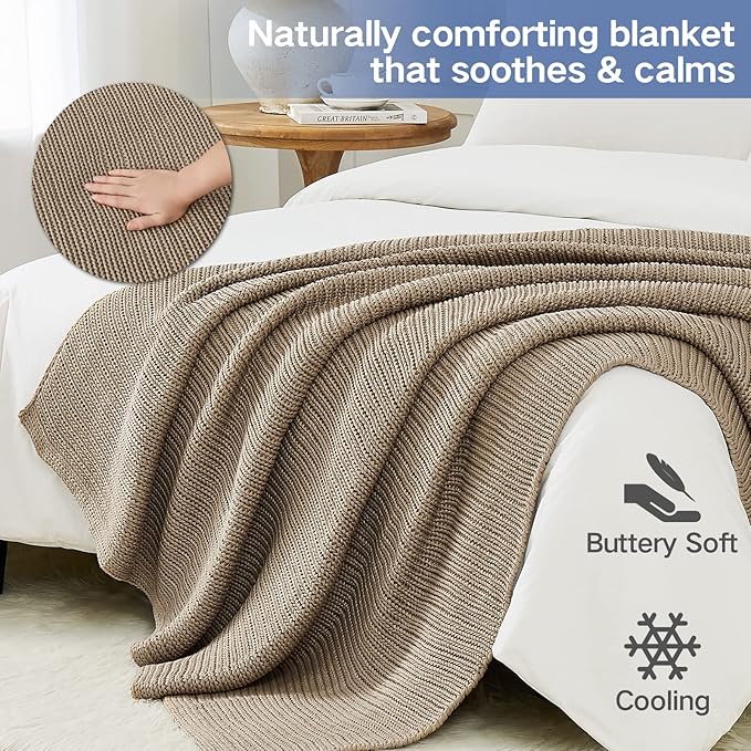 Guohaoi Knitted Weighted Blanket for Adults (Beige 48"x72" 15lbs) No Beads Cooling Throw Blanket for Hot Sleepers, Home Decor Breathable Chunky Knit Heavy Blanket Use on Full Size Bed