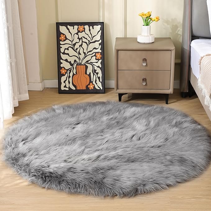 Silver Grey Furry Washable Faux Shaggy Fur Rugs for Living Room Small Circle Fluffy Sheepskin Fur Rug for Nursery Round Rug 5ft