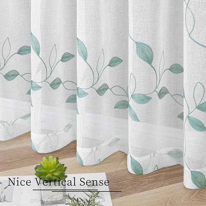 Tollpiz Teal Blue Leaf Sheer Curtains Leaves Embroidered Bedroom Curtain Rod Pocket Voile Window Treatment for Living Room, 54 x 84 inches Long, Set of 2 Panels