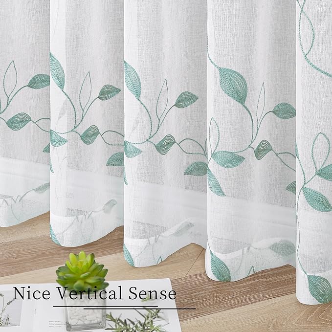 Tollpiz Teal Blue Leaf Sheer Curtain Leaves Embroidered Living Room Curtains Rod Pocket Voile Window Treatment for Bedroom, 54 x 72 inches Long, Set of 2 Panels