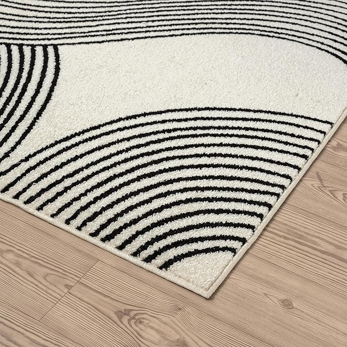 Abani Nuevo Beige Black Swirls Modern Area Rug 6' Round for Living Room, Bedroom - Abstract Design - Durable & Easy to Clean