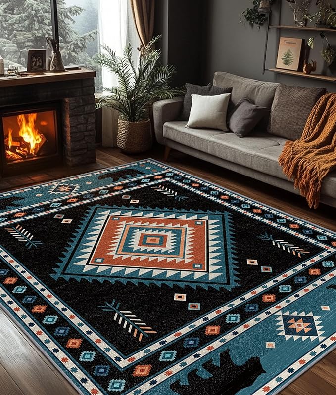 Native Amrican Rug 5x8 - Southwestern Bear Cabin Area Rugs for Living Room Bedroom, Rustic Lodge Machine Washable | Non-Slip | Soft Large Carpets, Southwest Room Decor (Teal Orange Black)
