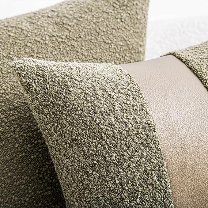 20"x20" Moss Green Boucle Throw Pillow Covers with Faux Leather Accents Set of 2 Fluffy Textured Decorative Pillow Cases for Couch Bed Boho Farmhouse Square Cushion Covers for Nordic Home
