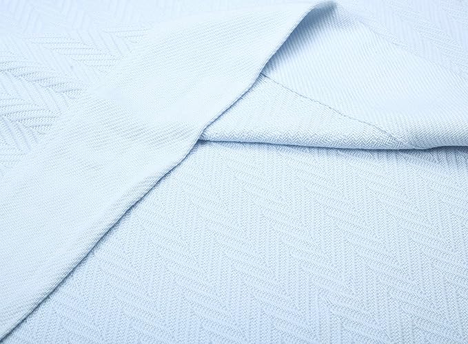 Threadmill Luxury Cotton Blankets for King Size Bed | All-Season Cozy 100% Cotton King Size Blanket | Herringbone Soft Fall Thermal Blanket fits Cal King Size Bed | Light Blue