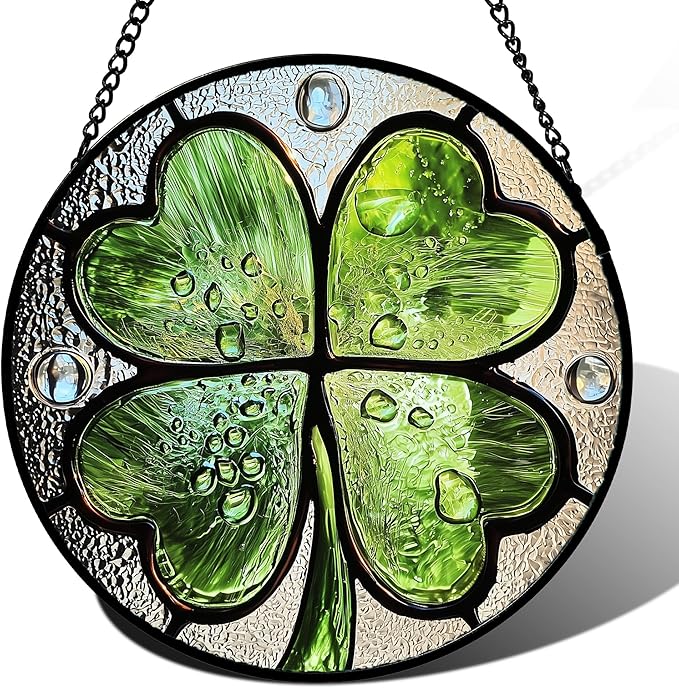Stained Glass Window Hanging, Green Silver 4 Leaf Clover Sun Catcher for Window Door Home Decor Plant Suncatcher Christmas Mother's Day Birthday Gifts for Women Men Mom Nana 7.8 in
