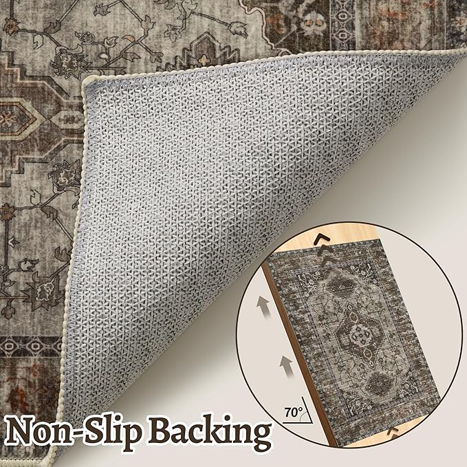 Tangsoo 2.6x8 Washable Runner Rug for Hallways, Non Slip Vintage Runner Rug, Soft Low Pile Long Rug Runner, Print Carpet Runners for Kitchen Bedroom Entryway Bathroom Living Room Grey