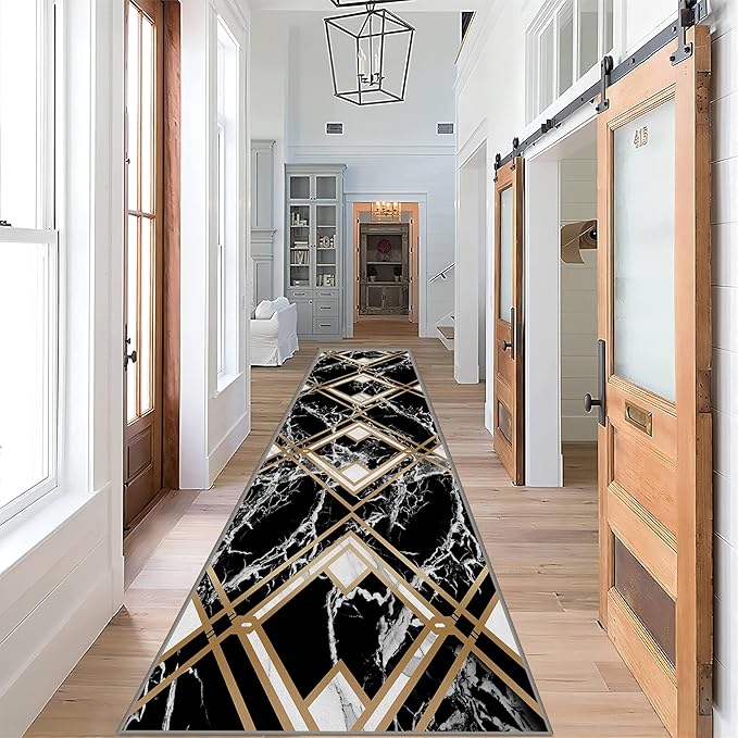 Diamond Geometric Print Area Rug for Bedroom, 2x8ft, Modern Black White Marble Home Decor Carpet, Durable Soft Cozy Non Slip Rug, Breathable Non Shedding Mats for Front Porch