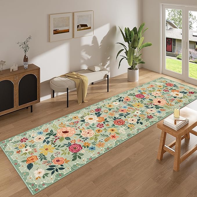 DUKINO 3x10 Runner Rug for Hallway, Washable Kitchen Floral Runner Rug with Non Slip Backing, Low Pile Soft Boho Carpet for Kitchen, Hallway, Entryway, Laundry, Bedroom, Green