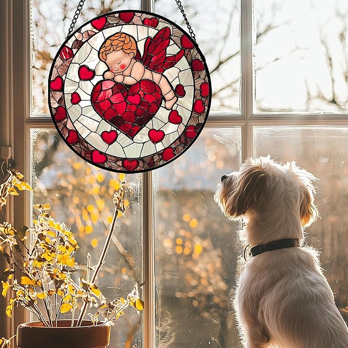 Stained Glass Window Hanging - Red Love Angel Sun Catcher for Door Garden Home Decor Cute Suncatcher Christmas Mother's Day Birthday for Women Men Mom Nana 6.3 in