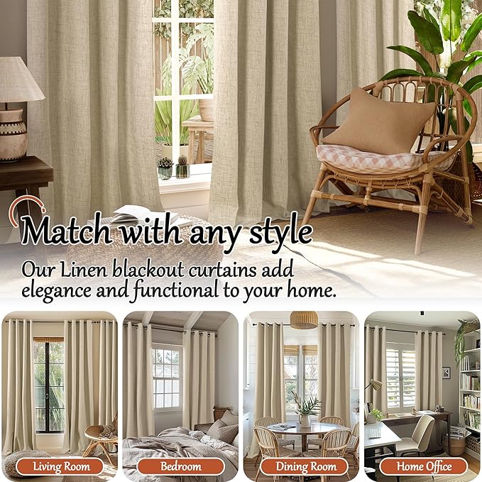 Linen Blackout Curtains for Bedroom Narrow Window, Thermal Insulated Complete Light Blocking Privacy Soundproof Small Curtains for Basement, Each 38 Inch Wide 63 Inch Length 2 Panels, Burlap
