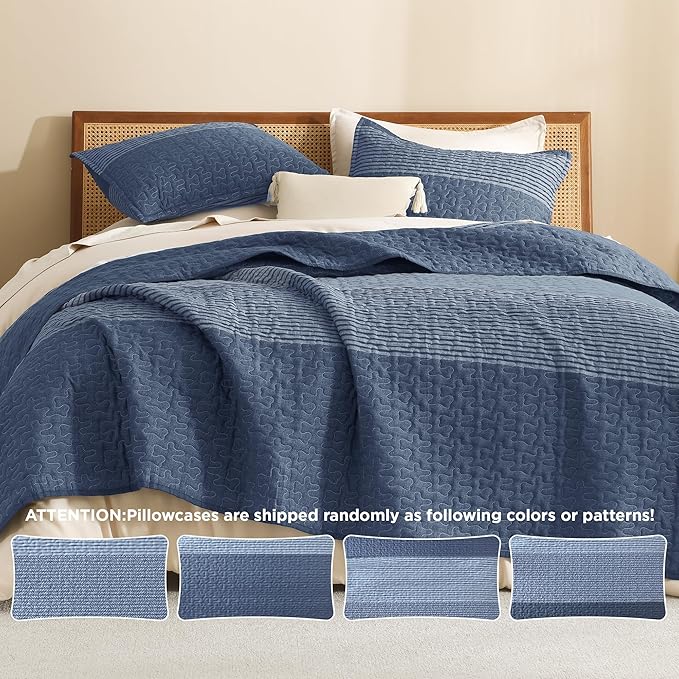 Litanika Oversized King Quilt Set Sapphire Blue, 120x98 Stripe Bedspread Coverlet 3 Pieces, Sapphire Blue Lightweight Quilted Bedding Set for All Season(Oversized King-1 Quilt, 2 Pillowcases)