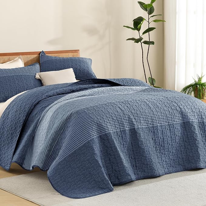 Litanika Oversized King Quilt Set Sapphire Blue, 120x98 Stripe Bedspread Coverlet 3 Pieces, Sapphire Blue Lightweight Quilted Bedding Set for All Season(Oversized King-1 Quilt, 2 Pillowcases)